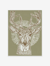 Illustrative deer head print with antlers and radial lines on a sage green background, in a linocut style