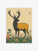 Illustrative stag deer wall art print in a meadow with red and yellow flowers and Japanese-style text