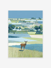 Illustrative landscape wall art featuring a brown deer standing in green and blue patterned fields under a clear blue sky.