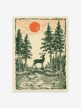 Deer Wall Art print showing a stylized deer in a green forest with an orange sun and a textured, vintage-inspired look.