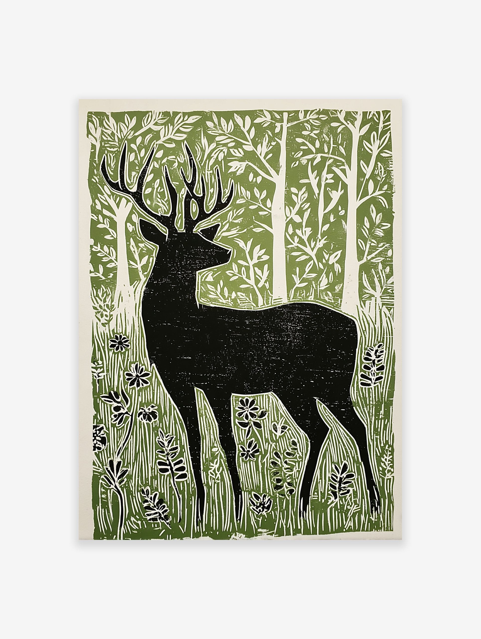 Black deer silhouette linocut print in a green forest with white trees and foliage, on a light background.