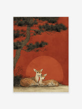 Japanese deer wall art showing a mother deer and fawn under a pine tree against a red background, illustrative style.