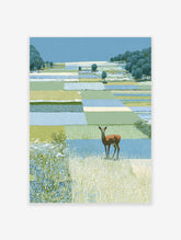 Deer wall art illustration of a brown deer in a green and blue patchwork landscape with trees and tall grass.