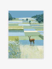 Deer wall art illustration of a brown deer in a green and blue patchwork landscape with trees and tall grass.