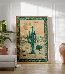 Vintage desert cactus moon poster featuring a saguaro cactus, mountains, moon, and sun in teal and gold illustration style. - Image 3