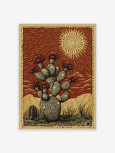 Desert Cactus Poster with blooming red flowers under a sun in a rustic illustrative style, set in a desert landscape.