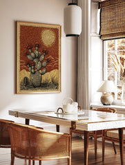 Desert Cactus Poster with blooming red flowers under a sun in a rustic illustrative style, set in a desert landscape. - Image 2