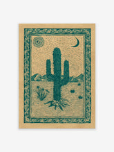 Desert cactus poster with a green illustration of a saguaro, sun with an eye, and crescent moon in a desert landscape.