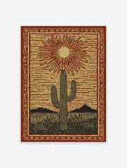 Desert cactus poster featuring a saguaro under a radiating sun in a linocut style, with mountains and plants in a red and gold desert scene.