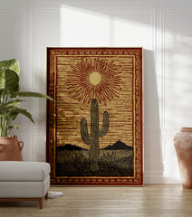 Desert cactus poster featuring a saguaro under a radiating sun in a linocut style, with mountains and plants in a red and gold desert scene. - Image 3