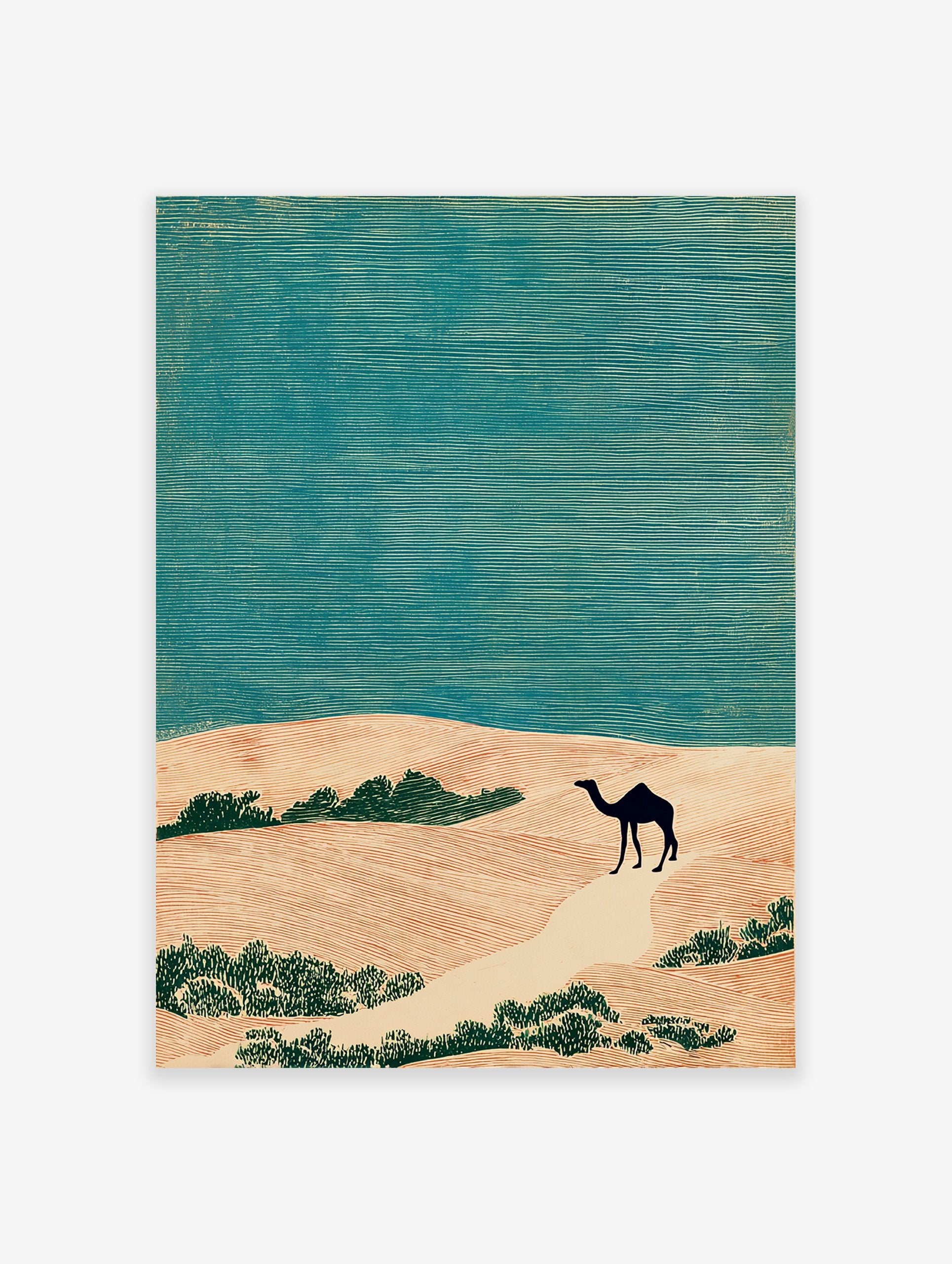 Desert landscape art print with a black camel walking on sand dunes under a teal sky, in a linocut style.