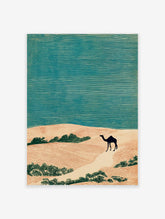 Desert landscape art print with a black camel walking on sand dunes under a teal sky, in a linocut style.