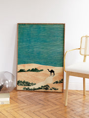 Desert landscape art print with a black camel walking on sand dunes under a teal sky, in a linocut style. - Image 2