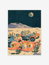 Retro desert camping poster with 4x4, picnic rug, moon, and mountain at night