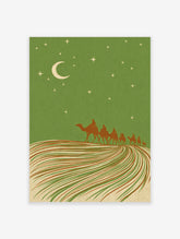 Illustrative desert night scene with camel caravan, crescent moon, and stars against a green sky and striped dunes