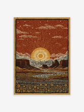 Illustrated desert landscape poster at sunset with mesas, a winding river, and a field of sunflowers under a starry red sky.
