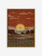 Illustrated desert landscape poster at sunset with mesas, a winding river, and a field of sunflowers under a starry red sky.