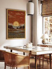 Illustrated desert landscape poster at sunset with mesas, a winding river, and a field of sunflowers under a starry red sky. - Image 2
