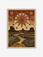 Stylized desert landscape poster featuring mesas, a radiant sun, and stars in a rustic woodcut art style, with a path and flora.