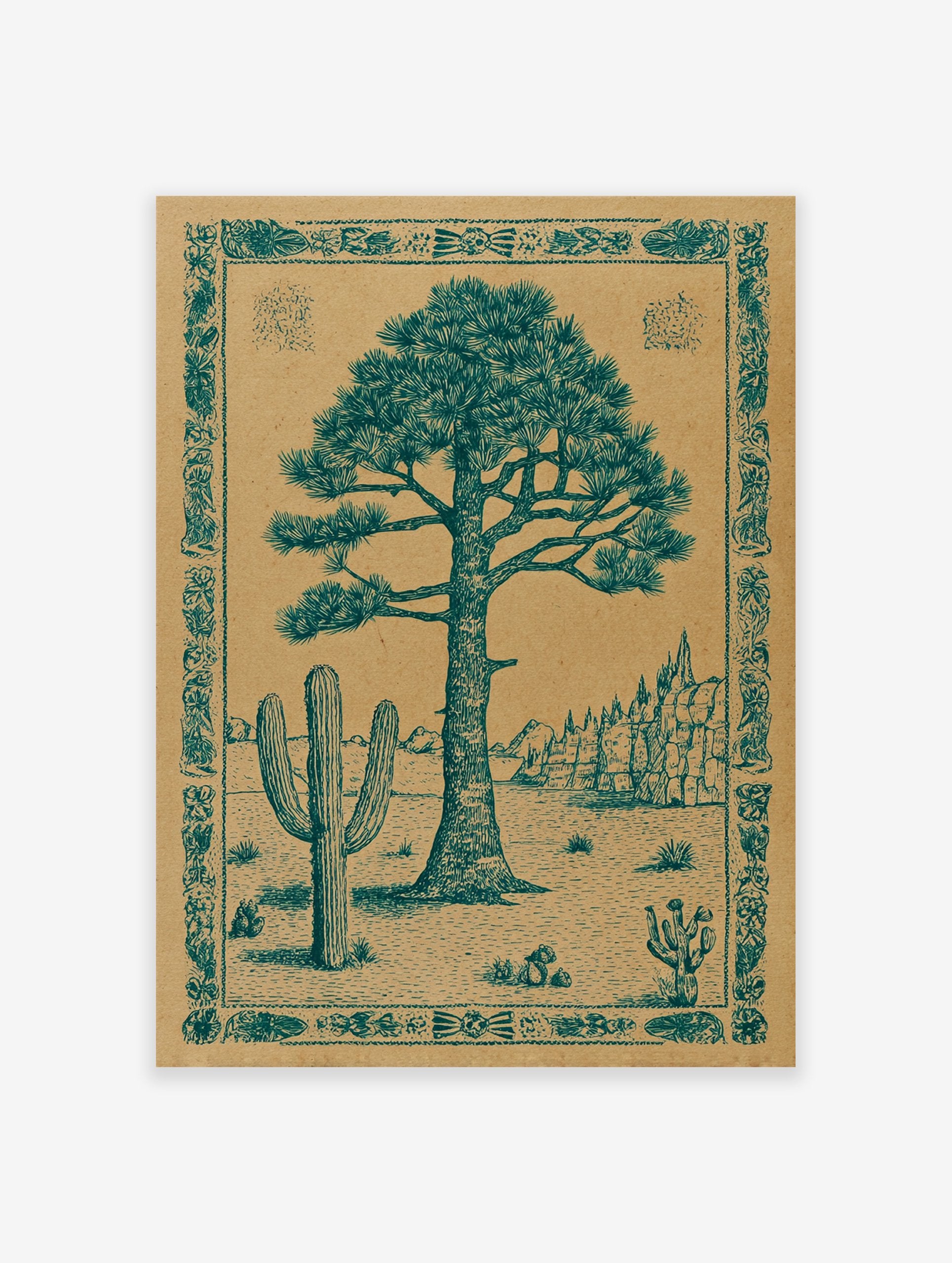 Desert landscape poster featuring a large pine tree and saguaro cactus illustration with an ornate border.