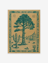 Desert landscape poster featuring a large pine tree and saguaro cactus illustration with an ornate border.