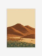 Illustrative desert landscape print with brown mountains, sandy foreground, and yellow flowers