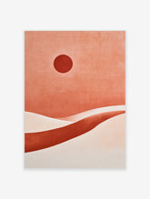 Abstract desert landscape with a dark red sun and layered terracotta sand dunes in a minimalist illustrative style