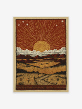 Desert Sun Linocut Poster depicting a sunset/sunrise over a vast landscape with mountains, clouds, and a path through grass.