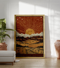 Desert Sun Linocut Poster depicting a sunset/sunrise over a vast landscape with mountains, clouds, and a path through grass. - Image 3
