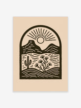Minimalist desert landscape art print with sun, cactus and wavy lines in dark brown on beige