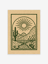 Desert sun poster with saguaro cactus, arched border, and line-drawn mountains in dark green on beige