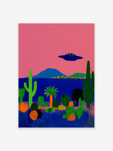 Surreal desert landscape poster with a pink sky, blue ocean, green cacti, and a dark blue UFO flying above a small town.