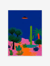 Vibrant Desert UFO poster with a black and orange flying saucer over pink hills and green cacti under a dark blue sky.