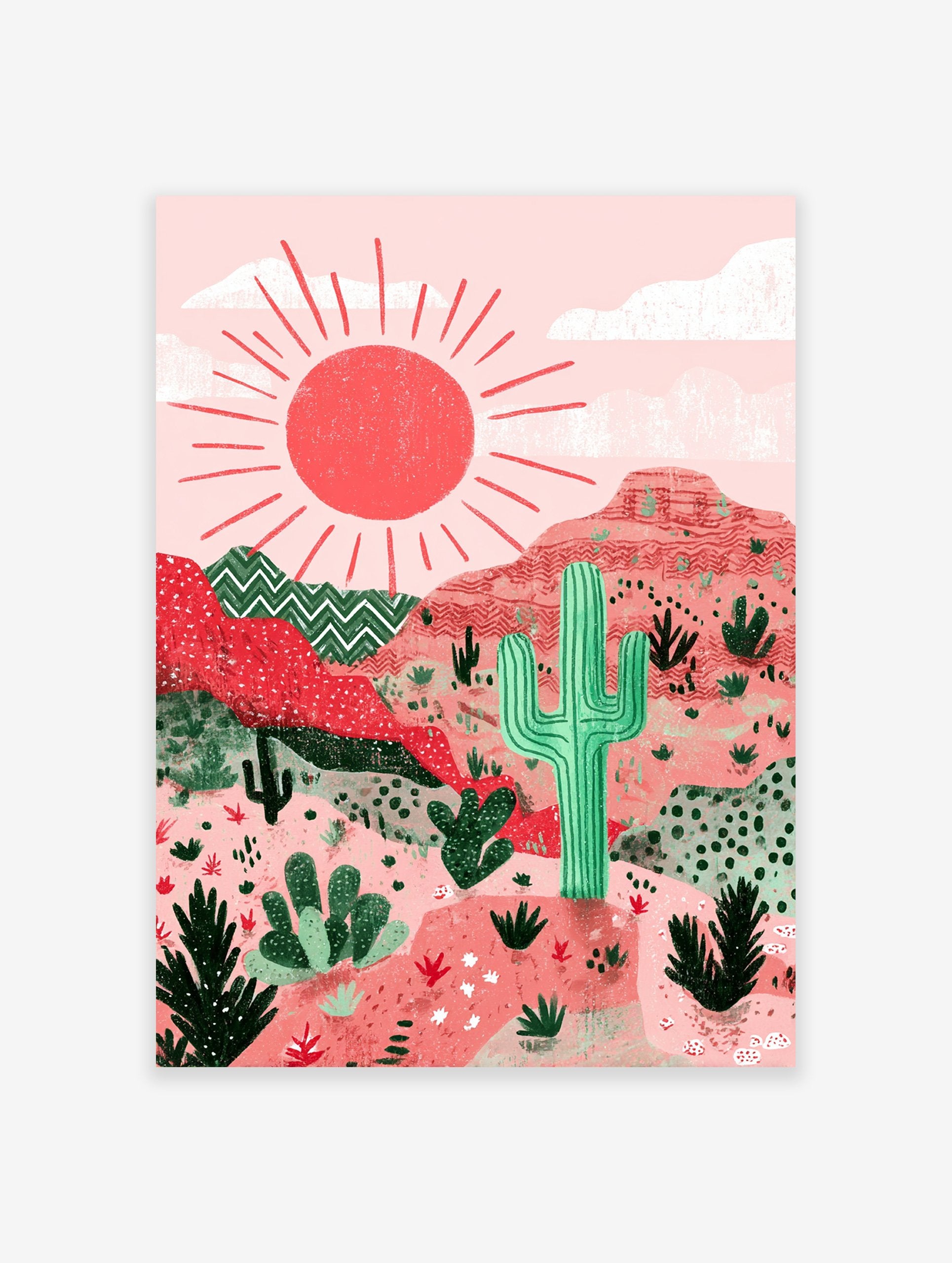 Illustrated desert wall art with a red sun, pink mountains, and green cacti, in a modern, textured style.