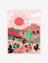 Illustrated desert wall art with a red sun, pink mountains, and green cacti, in a modern, textured style.