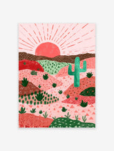 Illustrative desert wall art with pink and green hills, a red sun, and a tall green cactus in a Southwestern landscape.