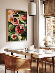 Overhead view of colorful berry tarts, cakes, and juice on plates surrounded by tropical leaves, perfect for dessert wall art. - Image 2