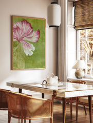 Pink flower illustration with integrated circuit board roots on a solid green background, fine art, in a styled room mockup