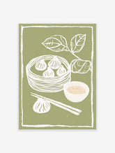 Green dim sum wall art print with white illustrations of dumplings in a steamer, chopsticks, sauce bowl, and leaves.