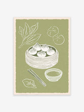 Illustrated dim sum wall art print featuring steamed dumplings in a bamboo basket, chopsticks, and sauce bowl on a green background.