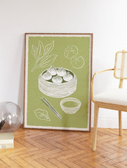 Illustrated dim sum wall art print featuring steamed dumplings in a bamboo basket, chopsticks, and sauce bowl on a green background. - Image 2