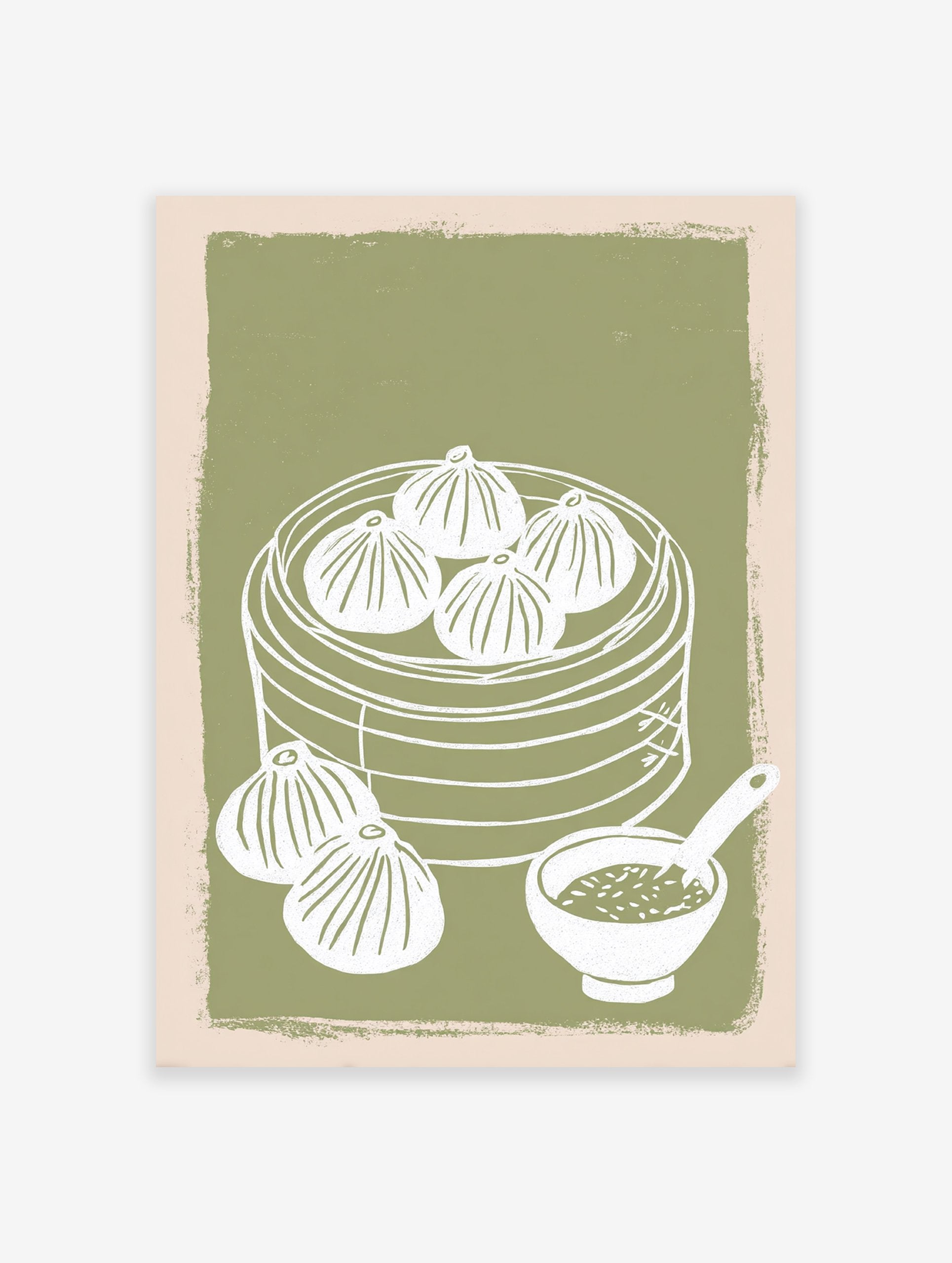 Dim Sum Wall Art illustration showing dumplings in a steamer basket with a sauce bowl on a green background.
