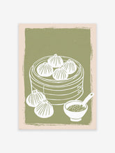 Dim Sum Wall Art illustration showing dumplings in a steamer basket with a sauce bowl on a green background.