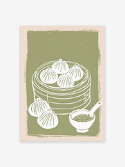 Dim Sum Wall Art illustration showing dumplings in a steamer basket with a sauce bowl on a green background.