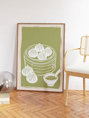 Dim Sum Wall Art illustration showing dumplings in a steamer basket with a sauce bowl on a green background. - Image 2