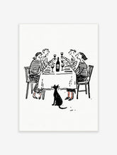 Illustrative print of four friends dining at a table with wine and a black cat below