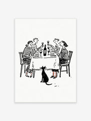 Illustrative print of four friends dining at a table with wine and a black cat below