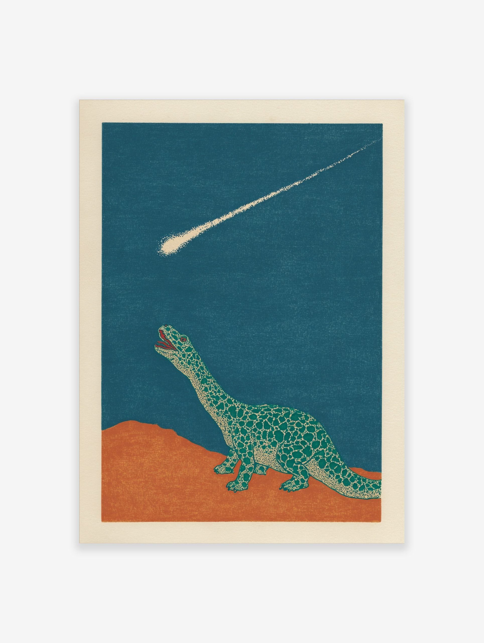 Illustrative green dinosaur looking up at a bright meteor streaking across a dark blue sky and orange ground