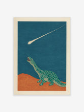 Illustrative green dinosaur looking up at a bright meteor streaking across a dark blue sky and orange ground