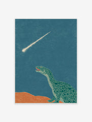 Illustrative dinosaur looking up at a bright meteor streaking across a teal sky with orange ground